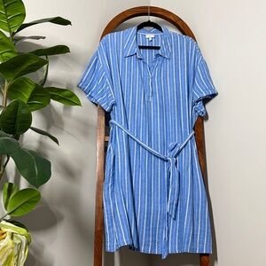 TheGet XXL Blue Stripe Linen Blend Belted Shirt Dress